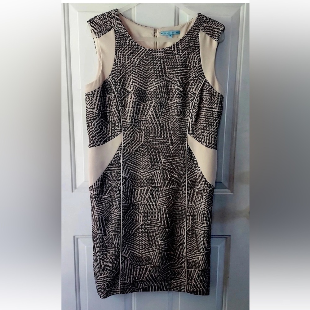 ANTONIO MELANI Geometric Black Cream Midi Dress Girlhoodcore business classic